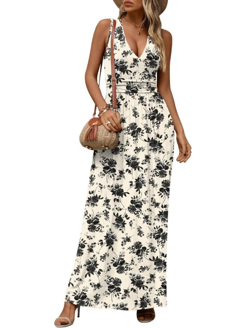 Women's Ink Rose Sleeveless Summer Casual Formal Long Pockets Maxi Dress - Picture 2 of 6
